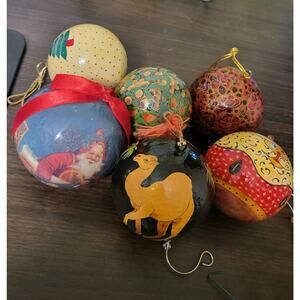 Vintage Wooden & Paper Mache Handpainted christmas ornaments lot of 6